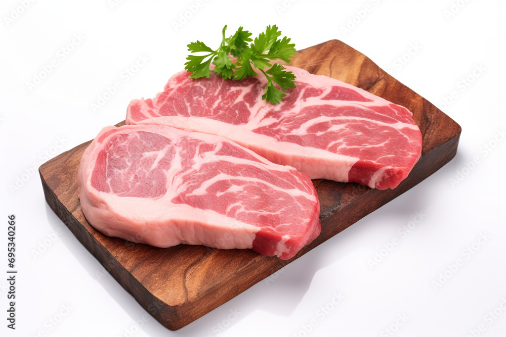 Raw sliced pork meat, isolated on white background Raw sliced pork meat, isolated on white background