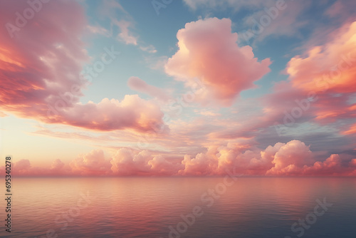 Sunset over the sea horizon. Soft pink, light orange, light cyan; the minimal concept of calming, dreamlike, landscapes. Ethereal cloudscapes in soft hues of a sunset in summer.