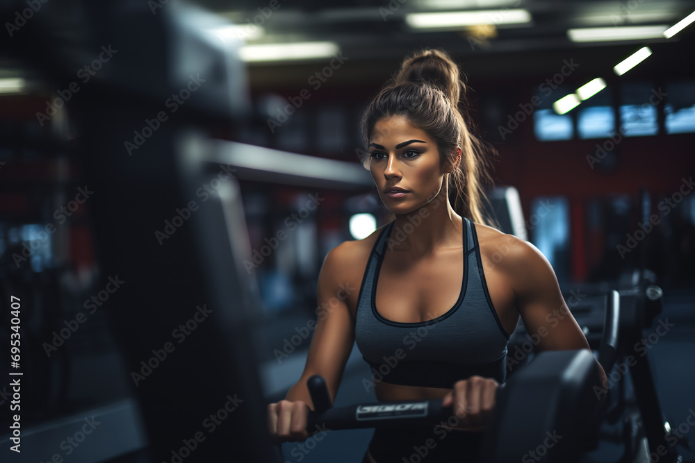Portrait of a beautiful young woman in a sports fitness room.