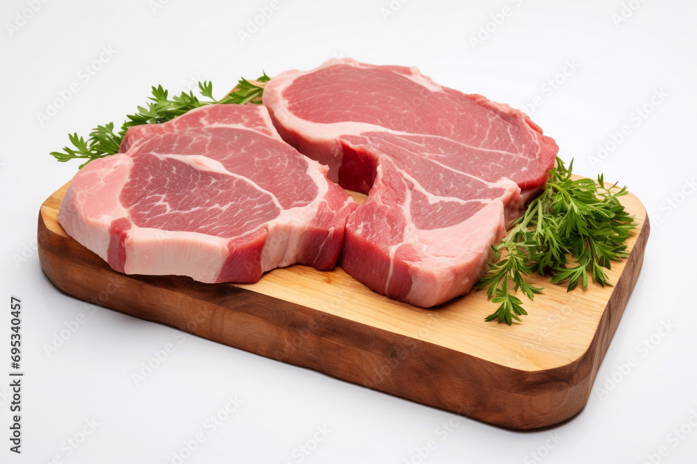 Raw sliced pork meat, isolated on white background Raw sliced pork meat, isolated on white background