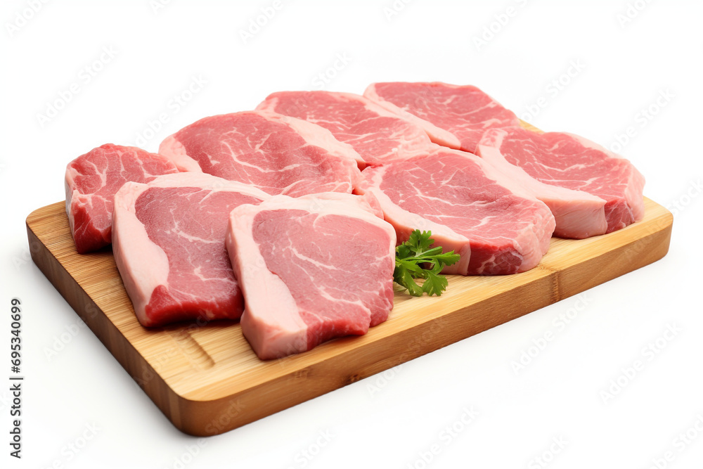 Raw sliced pork meat, isolated on white background Raw sliced pork meat, isolated on white background