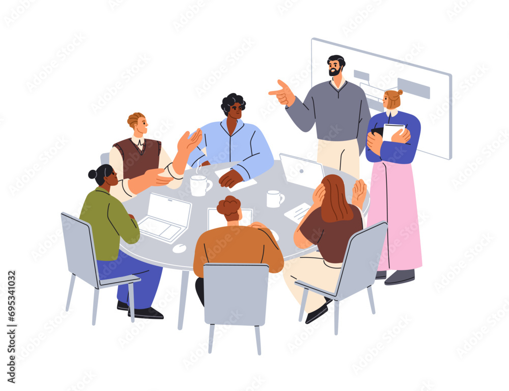 Business meeting at conference table. Office team, employees at brainstorm, work discussion. Corporate communication, teamwork, collaboration. Flat vector illustration isolated on white background