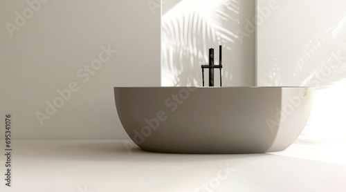 Brown beige freestanding ceramic bathtub  black shower head  faucet  in sunlight  tropical palm tree leaf shadow on cream white wall. Luxury  modern lifestyle interior  toiletries background 3D
