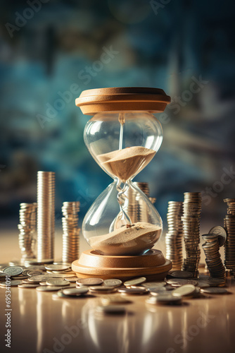 Sand clock and coins stack, time to pay concept, time for savings money concept, banking and business idea, AI Generative.
