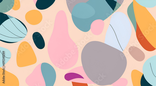 Seamless pattern of colorful geometric shapes on a light pink background