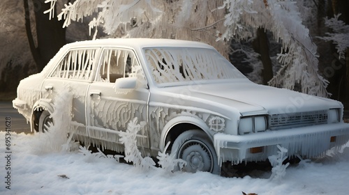 Winter frost and cold weather have left this car covered in ice and snow.