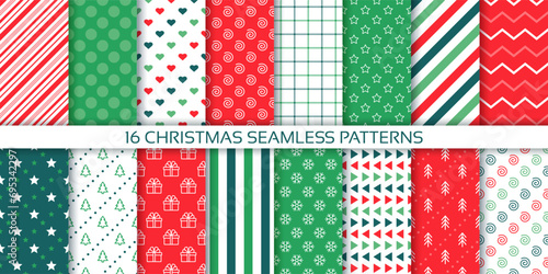 Seamless pattern. Merry Christmas backgrounds. Set Xmas prints. Textures with candy cane stripes, polka dot, snowflakes, tree and check. Holiday packing papers for scrap design. Vector illustration