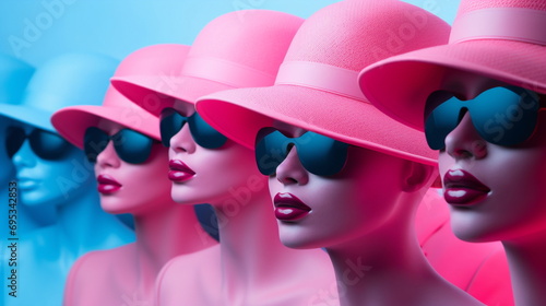 A row of female mannequins with pink hats red lipstick and sunglasses against blue background. Creative concept of beauty standards, stereotypes, female power, and women's rights concept. photo