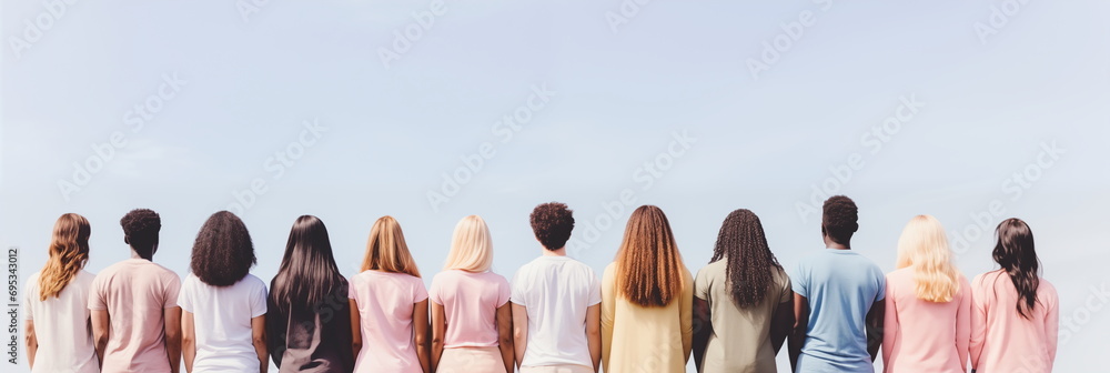 Diverse group of people standing on a blue background in a back view ...