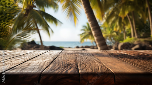 Wooden tabletop on tropical island landscape background