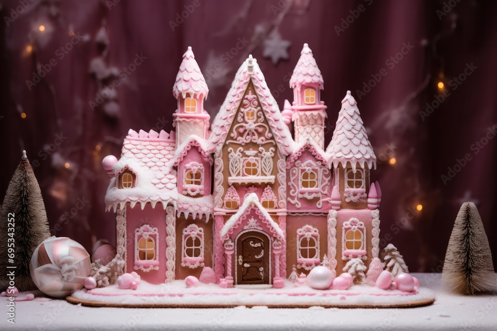 christmas pink icing gingerbread cookie house in bakery