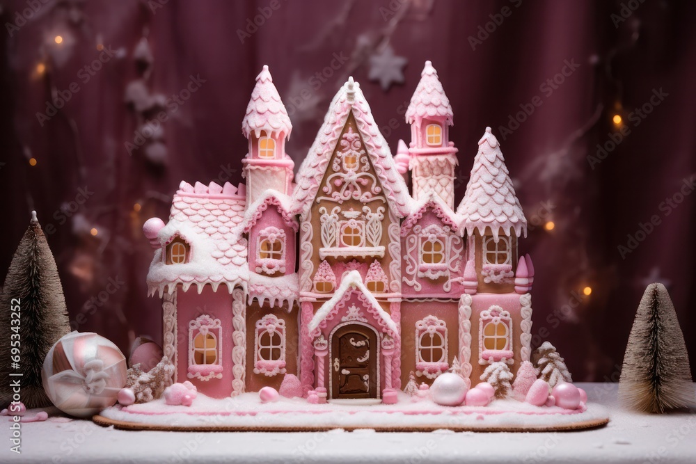 christmas pink icing gingerbread cookie house in bakery christmas pink icing gingerbread cookie house in bakery