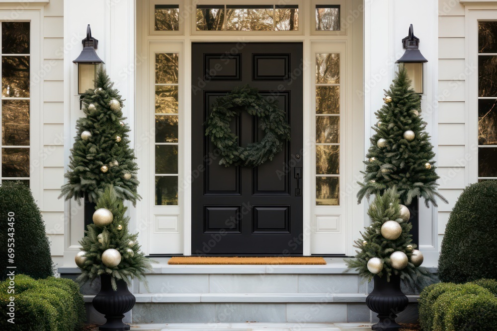 Fototapeta premium american suburban white color house front black door elegant minimal christmas tree and wreath decorations