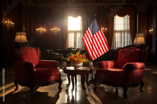 Cozy office with armchairs, table and US flag photo