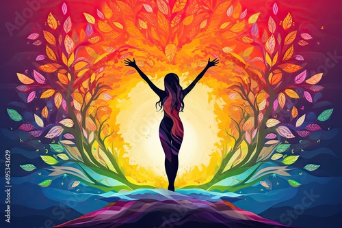 woman in yoga pose colorful tree illustration