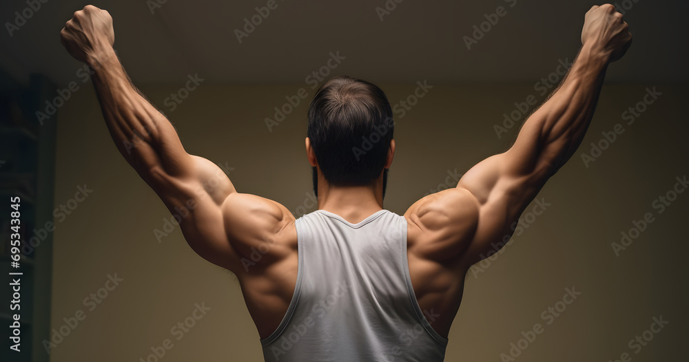 Out stretched arms man young healthy view Rear arm athlete back background backward bicep black body bodybuilder bodybuilding calorie diet exercise fitness flexing hand health care human - obrazy, fototapety, plakaty 