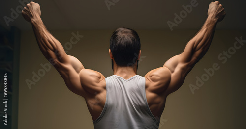 Out stretched arms man young healthy view Rear arm athlete back background backward bicep black body bodybuilder bodybuilding calorie diet exercise fitness flexing hand health care human photo