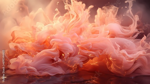 Close-up of liquid flames in an enchanting fusion of rose gold and blush pink colors  casting a soft and romantic glow in a surreal landscape