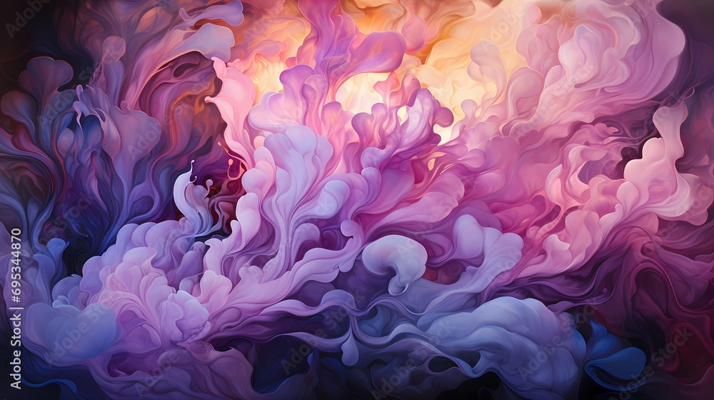 Close-up of liquid flames in an enchanting fusion of lavender and lilac colors, illuminating a surreal landscape