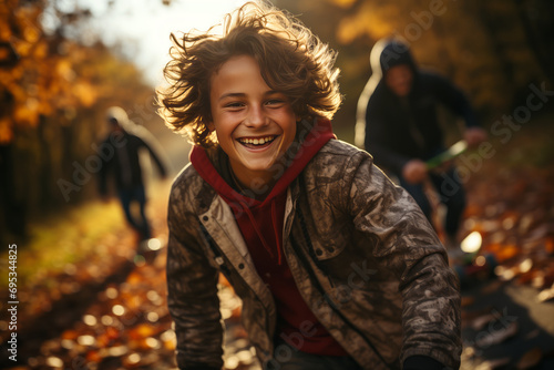 Closeup portrait of a joyful teenager riding a skateboard in an autumn park with friends.