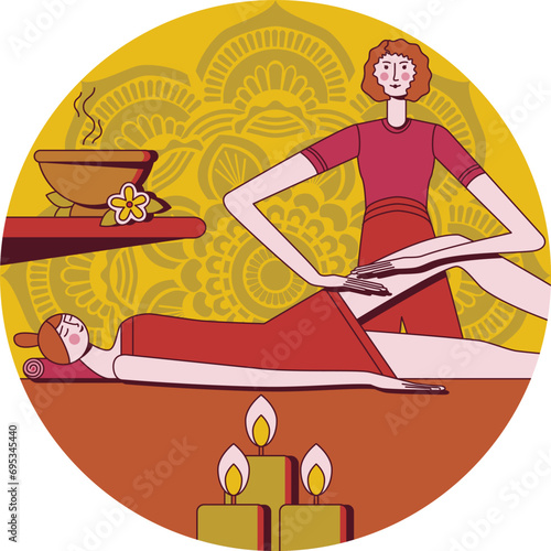 Anti cellulite massage with professional massage therapist in spa. Overweight treatment.Isolated flat vector illustration in circle shape.