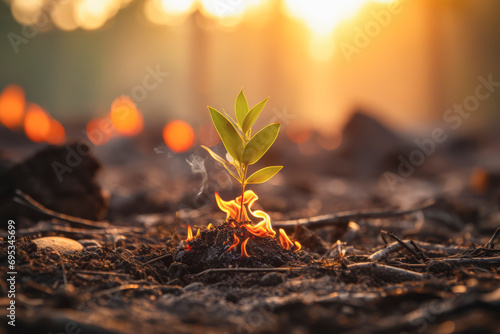 In the aftermath of destruction, the birth of new life is captured as green shoots push through the scorched earth, selective focus