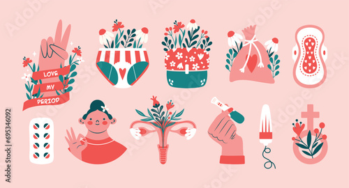 Women's period. Collection of cute illustrations with woman, hand showing victory gest, panties with flowers, female pad, tampon, feminine hygiene products, female sign, reproductive system. Stickers