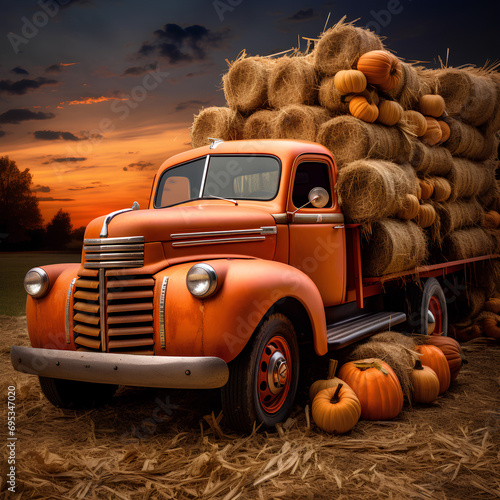 A Vintage Truck Laden with Hay Bales and Pumpkins