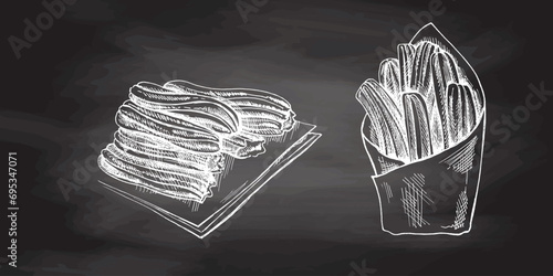 Hand-drawn set of churros sketch style on chalkboard background. Vintage drawing of Mexican dessert. Vector black ink illustration. Mexican food, cuisine. Latin America.