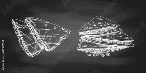 Hand-drawn set of quesadilla in sketch style on chalkboard background. Vintage drawing of Mexican dish. Vector black ink illustration. Mexican food, cuisine. An illustration for the menu.