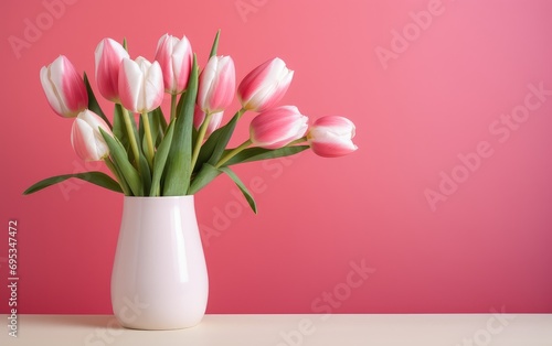 Tulips in a white vase on a color background photo