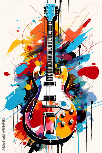Abstract Pop Art Guitar with Splashes of Primary Color