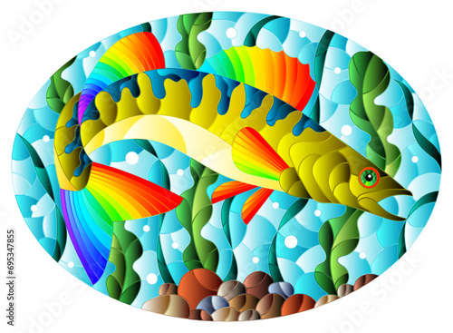 Illustration in stained glass style with an abstract pike perch fish on a background of algae, air bubbles and water, oval image