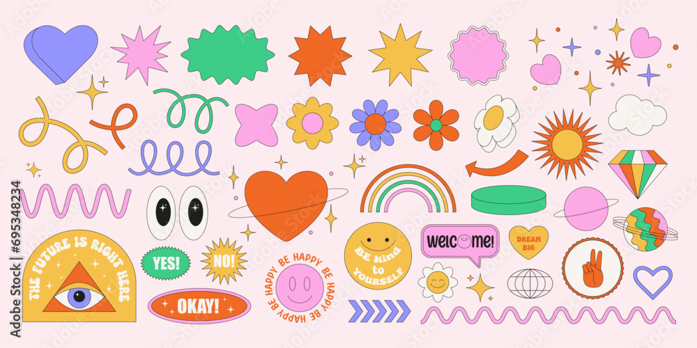 Set of abstract y2k shapes and badges. Geometric templates, smiling faces, flowers, hearts, patches. Groovy and psychedelic stickers. Fun graphic for poster and collage design. Vector illustration