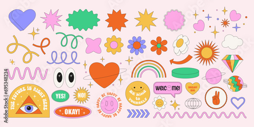 Set of abstract y2k shapes and badges. Geometric templates  smiling faces  flowers  hearts  patches. Groovy and psychedelic stickers. Fun graphic for poster and collage design. Vector illustration