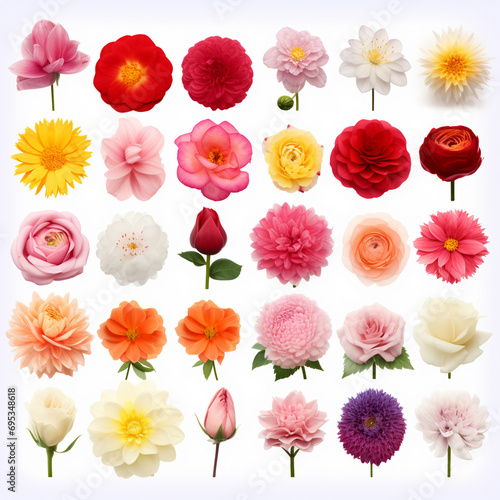 Set of different beautiful flowers on white background, AI Generative.