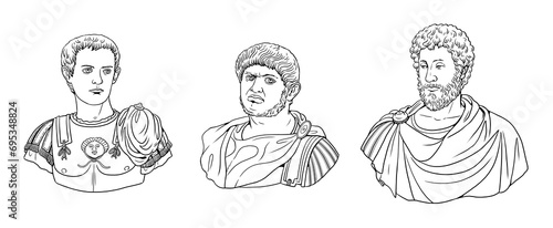 Busts of Caligula, Nero and Commodus. Portraits of Roman Emperors. photo