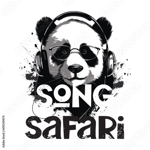 T-shirt or poster design with a panda listening to music on headphones