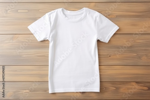 White t shirt on a wooden background. Template, flat lay. Kid, child clothes. Kids fashion photo