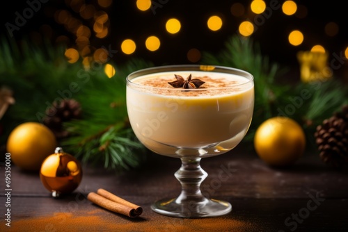 A cozy Christmas setting featuring homemade eggnog in an old-fashioned glass  sprinkled with nutmeg and a cinnamon stick  surrounded by sparkling lights