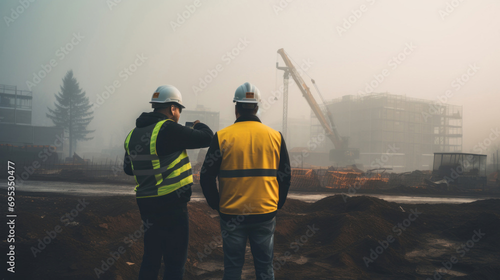 Foreman and engineer discussing at construction site. Engineering and architecture concept. Foreman and engineer discussing at construction site. Engineering and architecture concept.