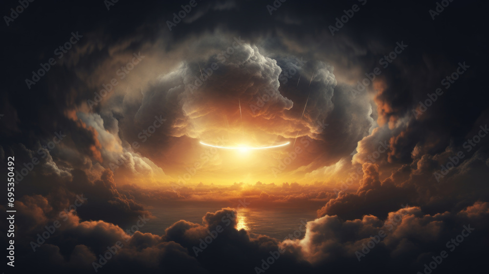 Sun rising behind a stormy cloud over the sea - obrazy, fototapety, plakaty 