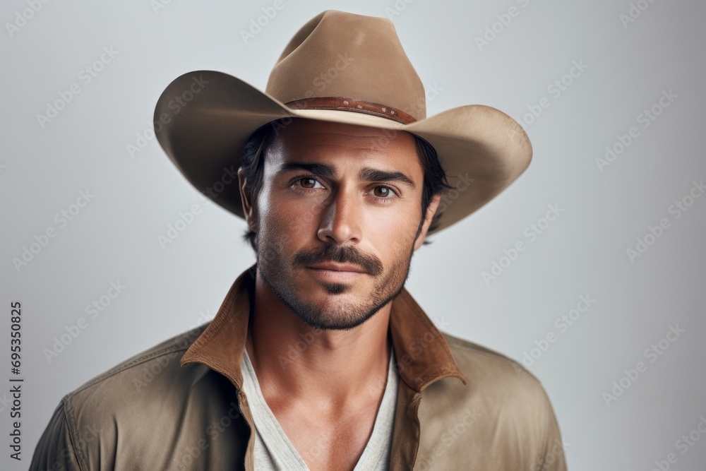 Portrait of a satisfied man in his 30s wearing a rugged cowboy hat against a white background. AI Generation