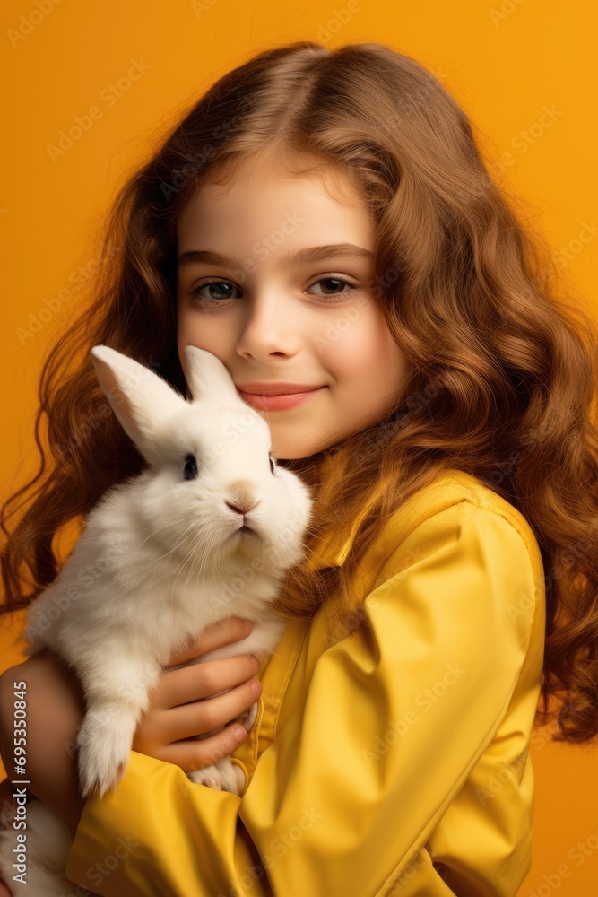 Kid girl hugging and kissing a rabbit, yellow background Kid girl hugging and kissing a rabbit, yellow background