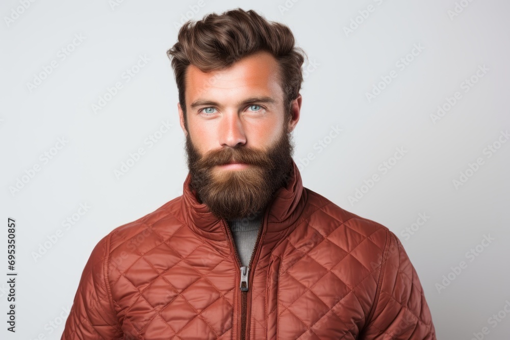 Portrait of a content man in his 30s sporting a quilted insulated jacket against a white background. AI Generation Portrait of a content man in his 30s sporting a quilted insulated jacket against a white background. AI Generation