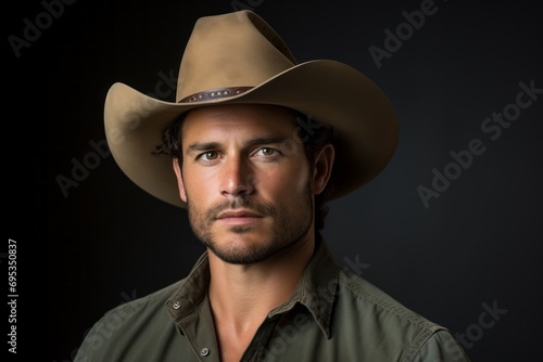 Portrait of a satisfied man in his 30s wearing a rugged cowboy hat against a white background. AI Generation