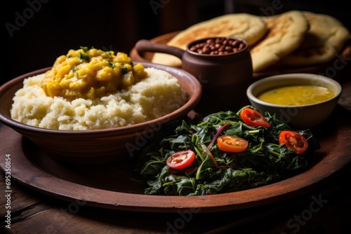 A delicious serving of Ugali, a popular African cornmeal dish, paired with sukuma wiki, a Kenyan vegetable dish, presented on a rustic table photo