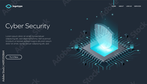Abstract web page template for Cyber Security or blockchain on dark background. Network infrastructure website layout concept. Isometric vector illustration with processor and shield. (ID: 695350864)