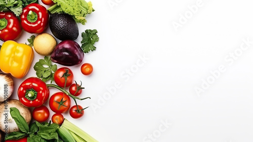 Top view of Fresh colorful organic vegetables on the left on a white background text copy space