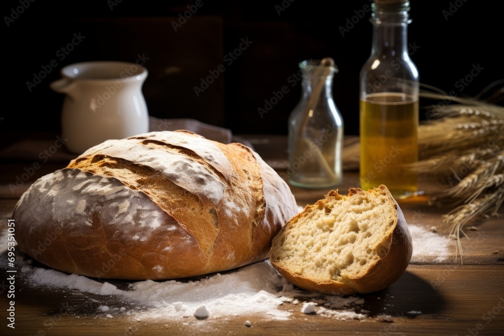 A rustic scene of freshly baked yeast bread, still steaming, on a wooden table with baking ingredients